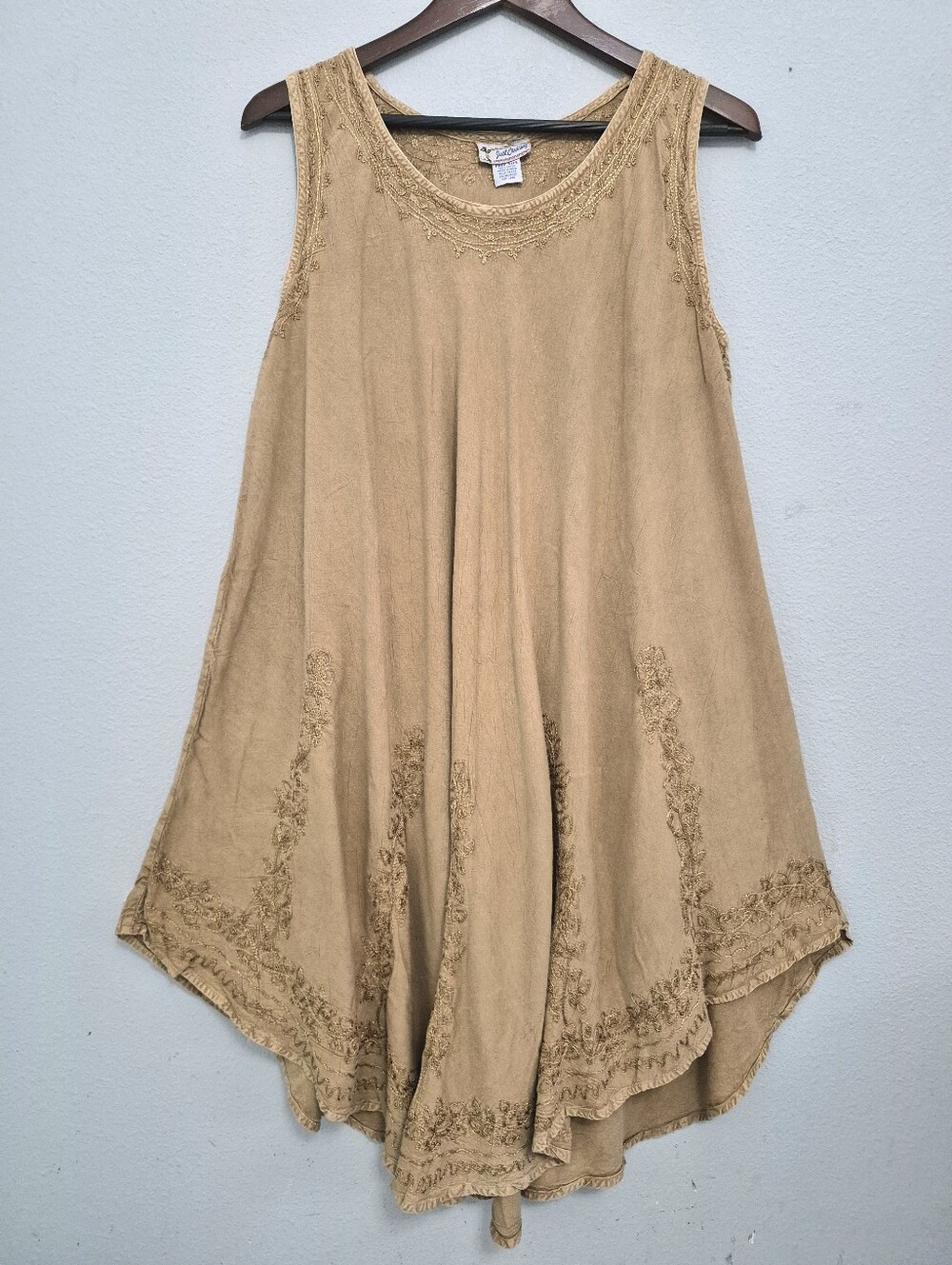 Just Cruising Embroidered Aysmmetrical Flowy Hem Midi Dress Camel Free Size Boho